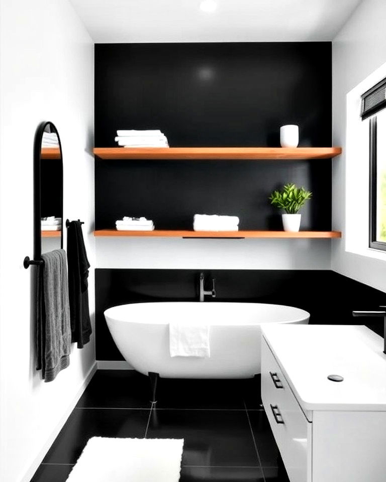 floating shelves for your black and white bathroom