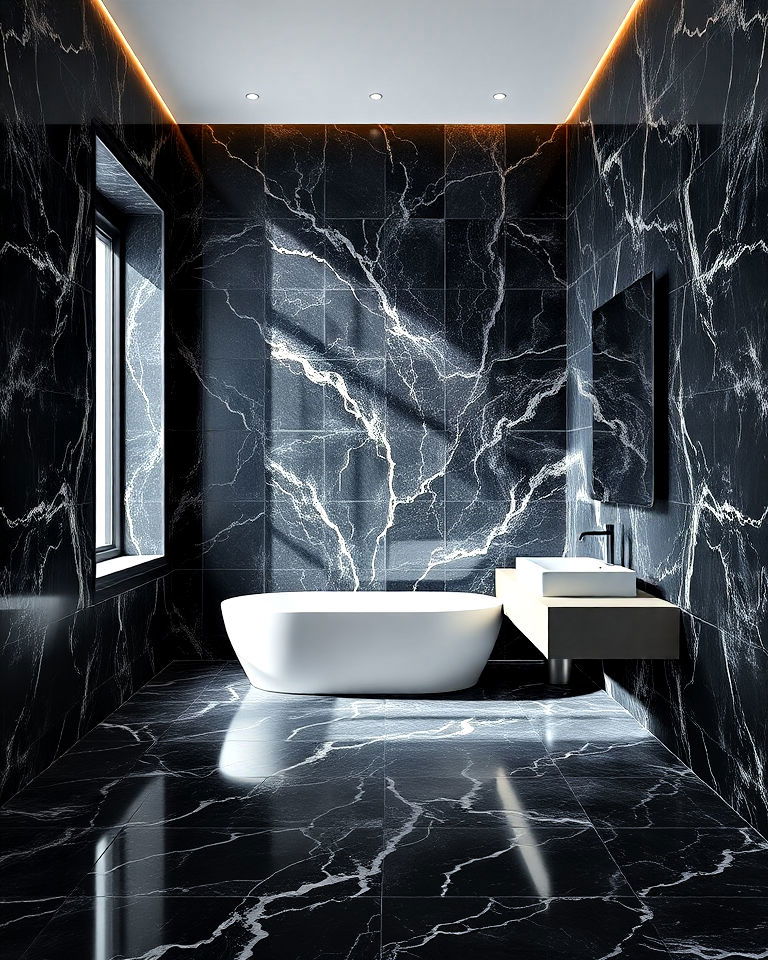 floor to ceiling black marble bathroom