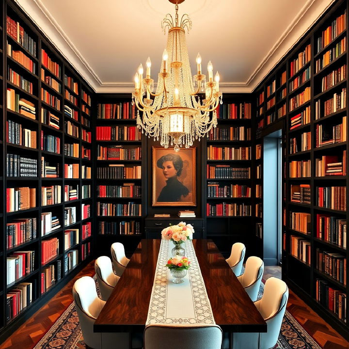 floor to ceiling dining room bookshelves with a statement chandelier