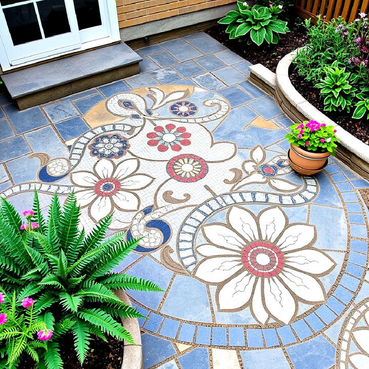 floral patterned bluestone mosaic design for a patio