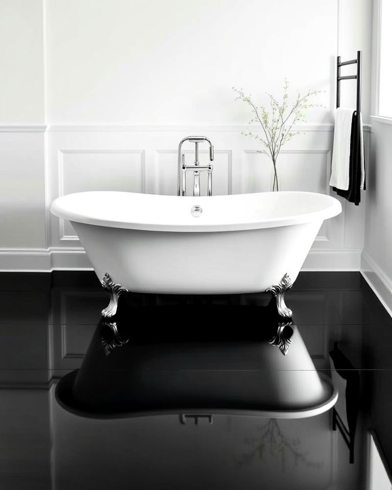 freestanding statement white bathtub with black floor