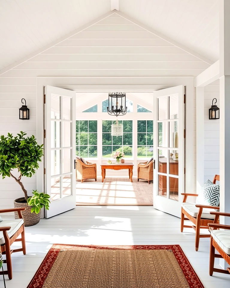 french doors open to a farmhouse wrap around porch