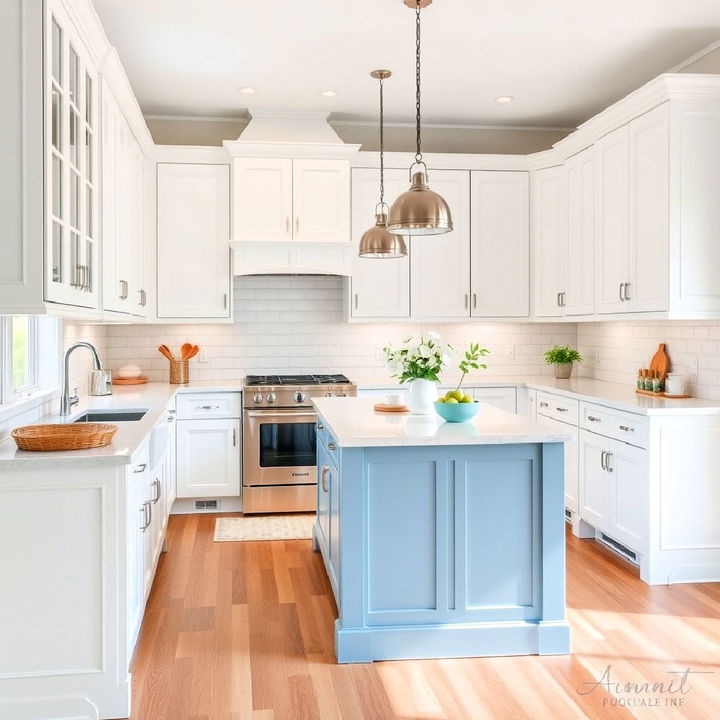 fresh white kitchen cabinets with a gentle powder blue island