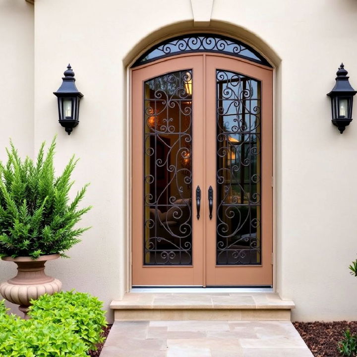 front door with decorative iron grilles to enhance spanish aesthetic