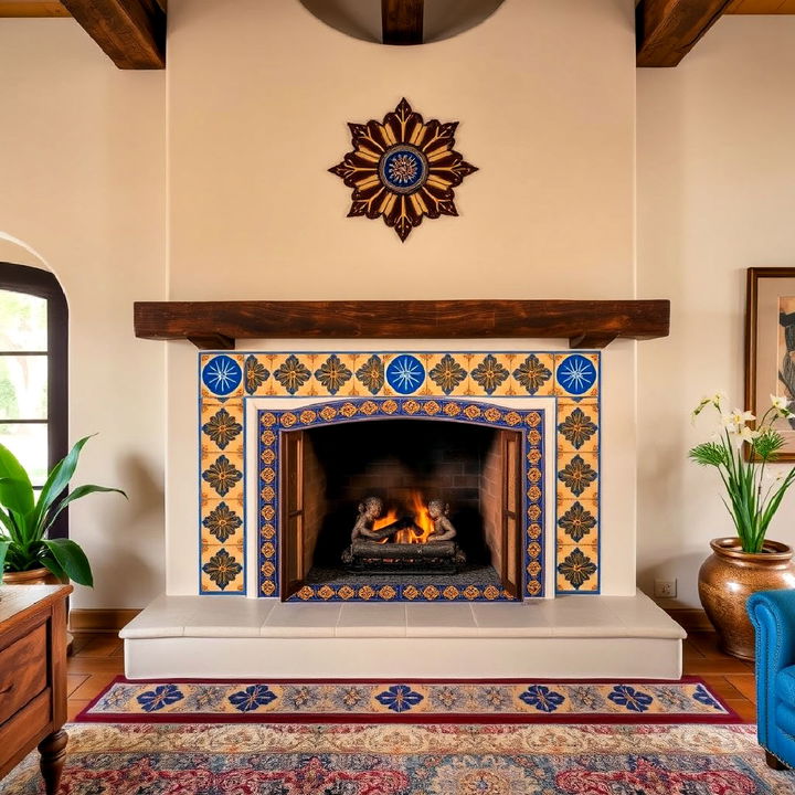 functional and artistic fireplace with decorative tiles