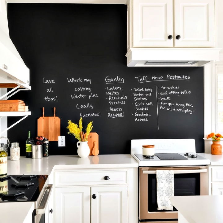 functional chalkboard wall in a white farmhouse kitchen