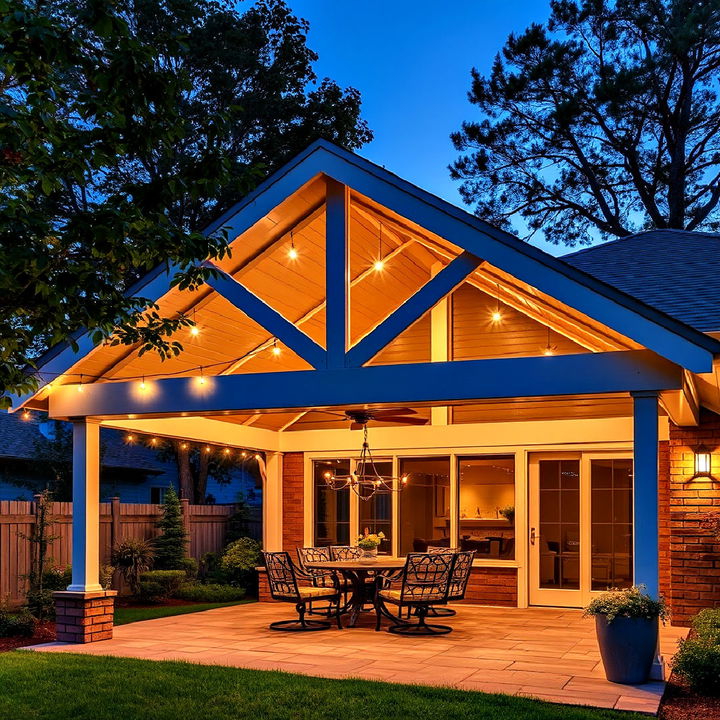 gable patio roof with stylish outdoor lighting