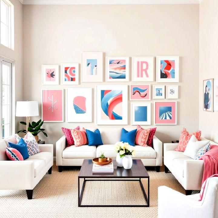 gallery wall of pink and blue art in a neutral living space