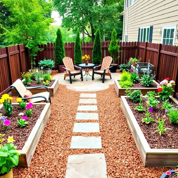 garden focused patio with raised beds and mulch