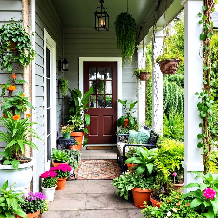 garden inspired lush green side porch oasis