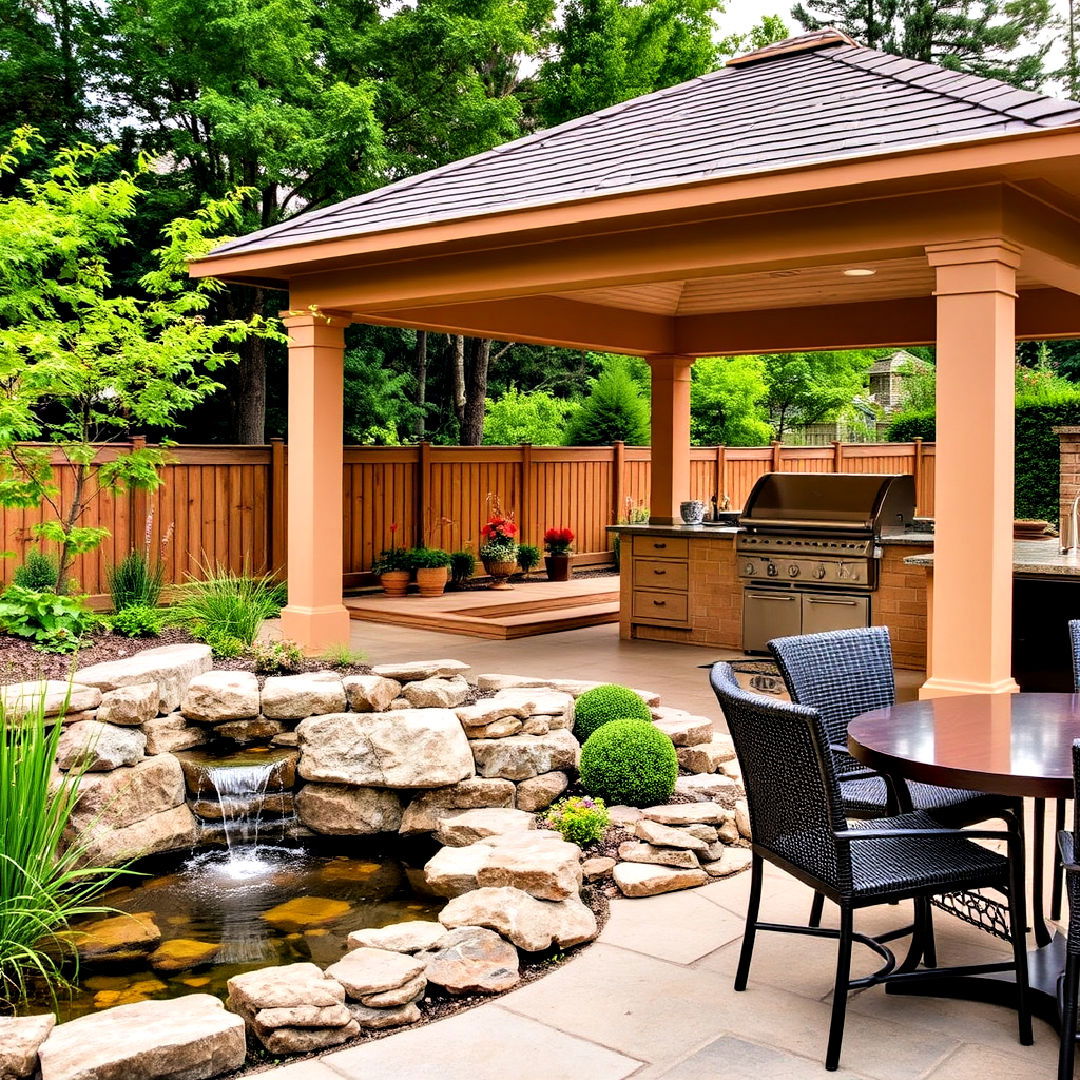 gazebo covered outdoor kitchen with a water feature