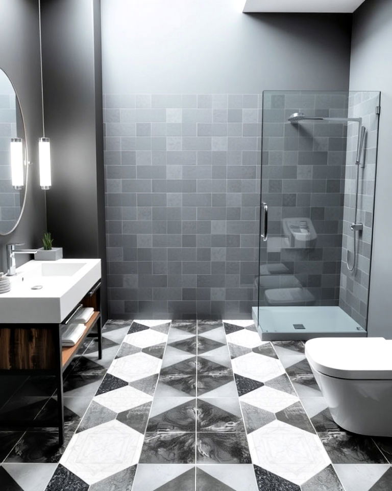 geometric cube illusion tiles bathroom floor