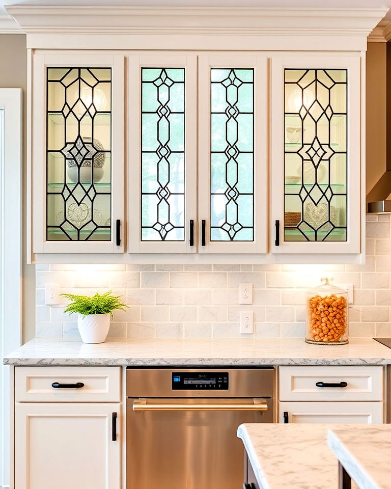 geometric leaded glass kitchen cabinets