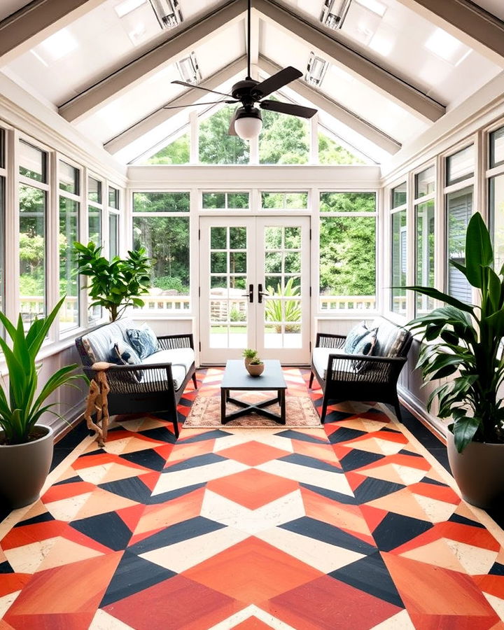 geometric patterned tiles floor sunroom