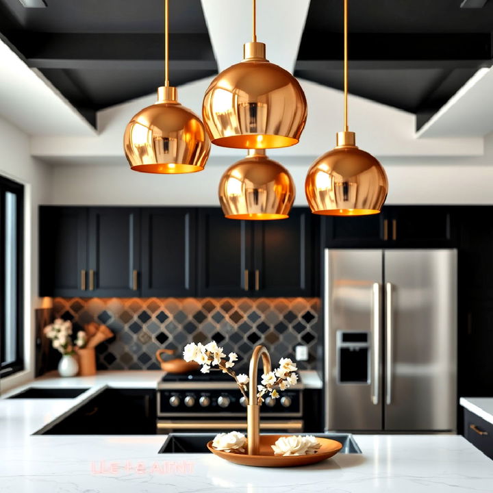 glamorous gold pendant lights in a monochrome kitchen