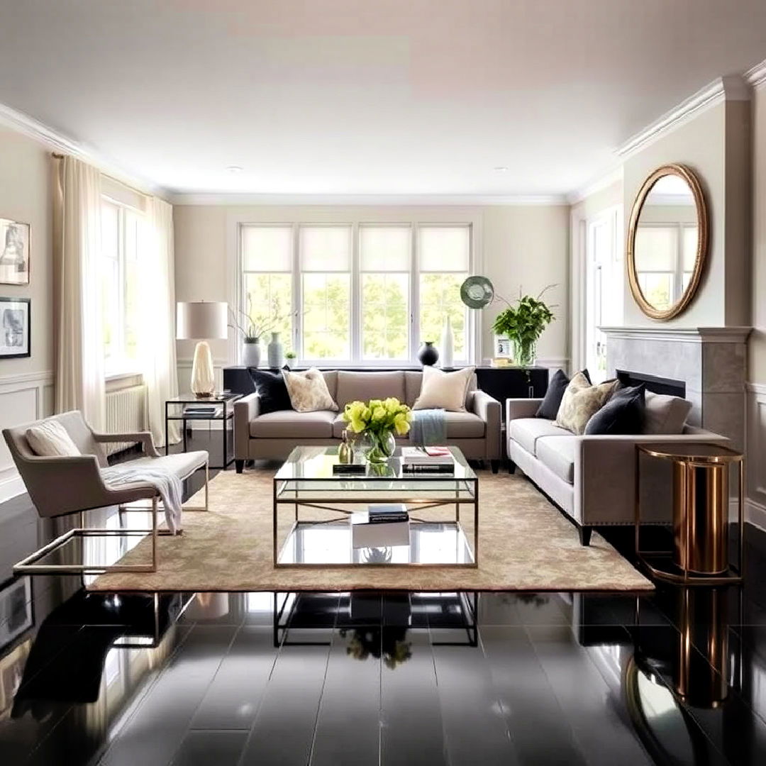 glass and metallic accents to brighten a living room with black floor