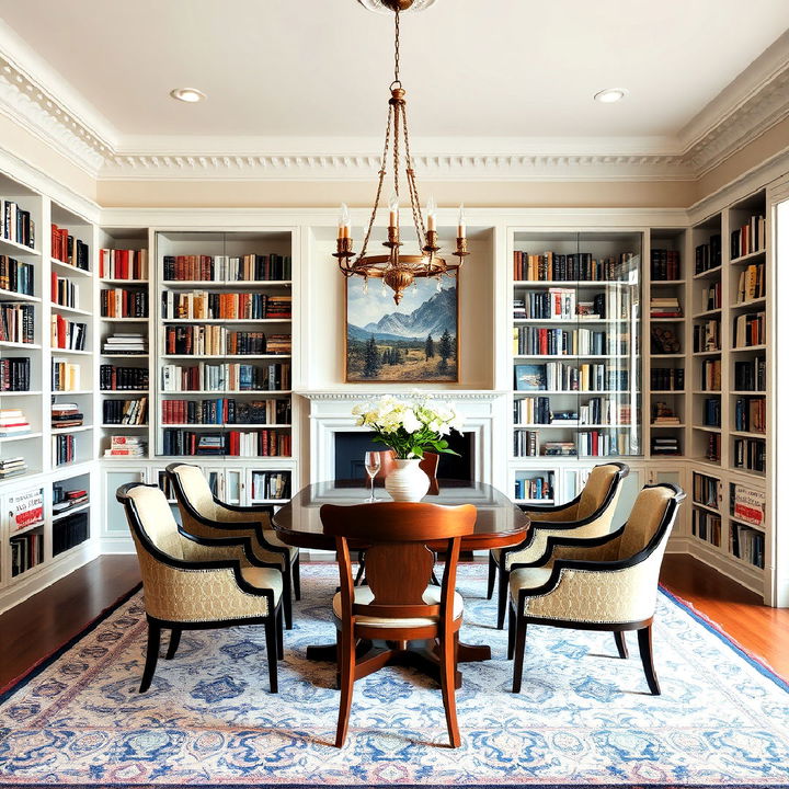 glass doors bookcases for a refined dining library room look