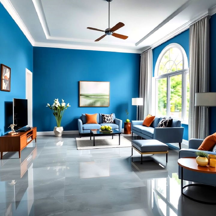 glossy grey tile flooring and bright blue wall