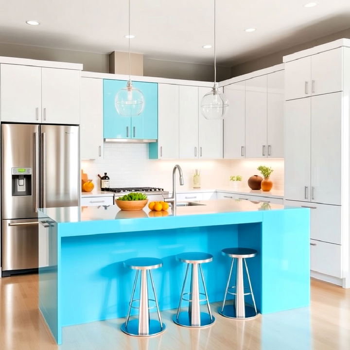 glossy white cabinets with a vibrant turquoise island