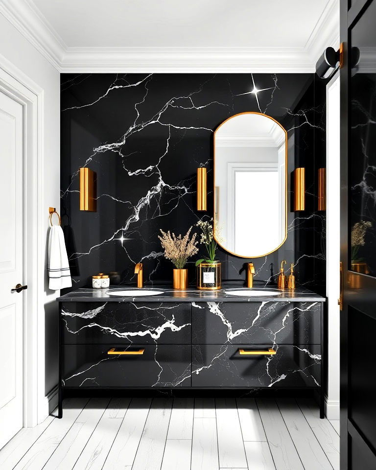 gold accent black marble bathroom