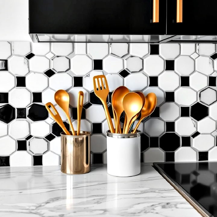 golden utensils displayed against a monochrome backsplash