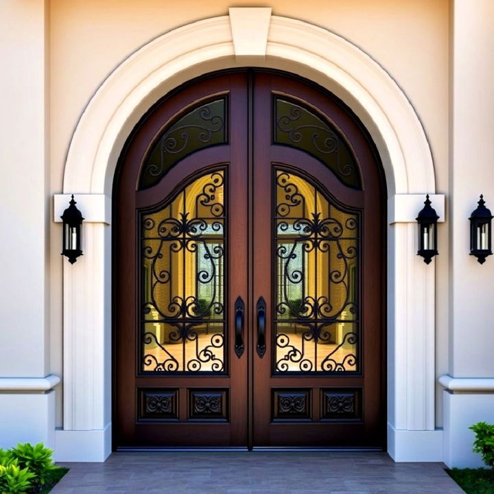 grand double arched entrance doors with iron accents