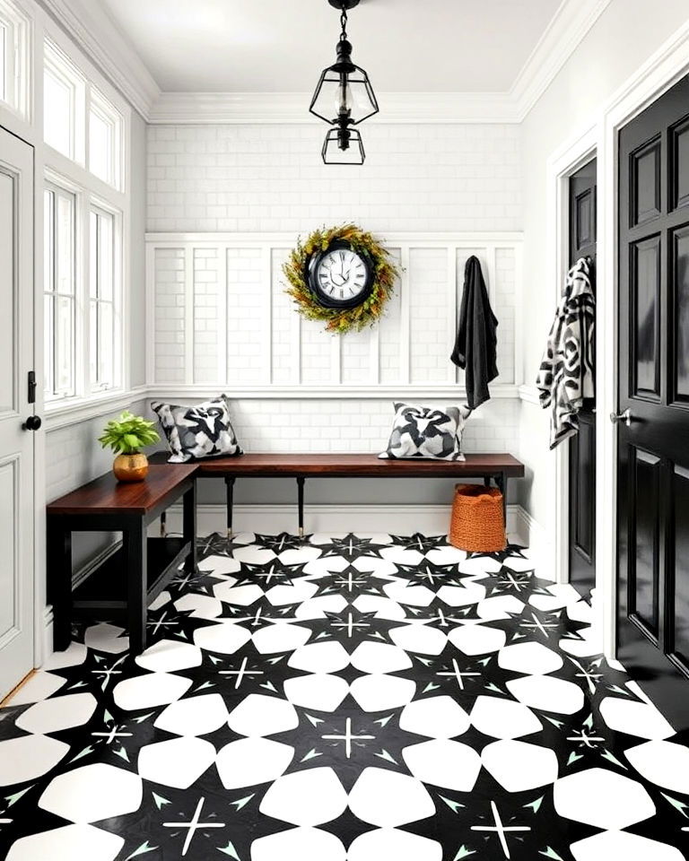 graphic black and white tiles flooring