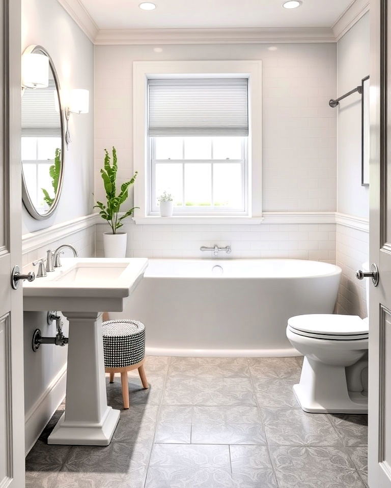 gray floor contrast with white fixtures bathroom