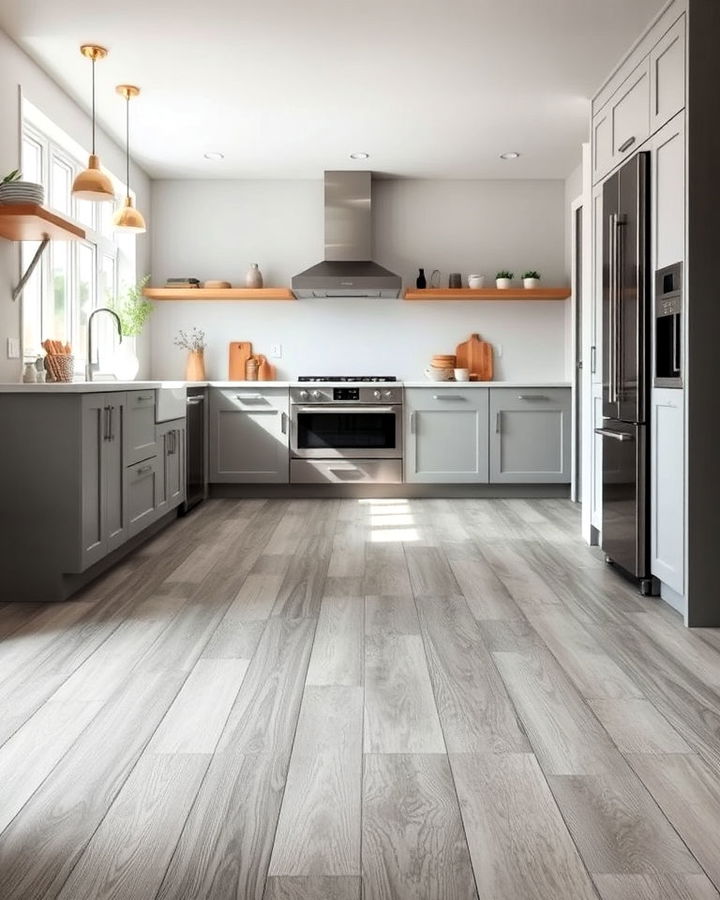 gray washed wood floors for a contemporary kitchen