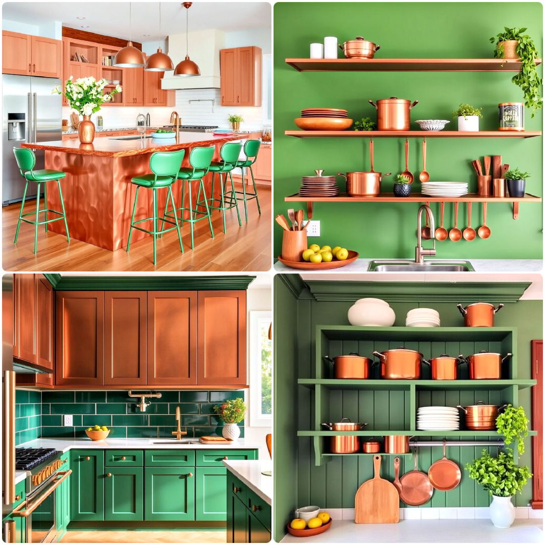 green and copper kitchen ideas