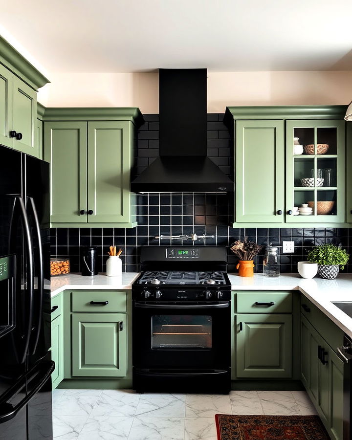 green cabinets kitchens with black appliances