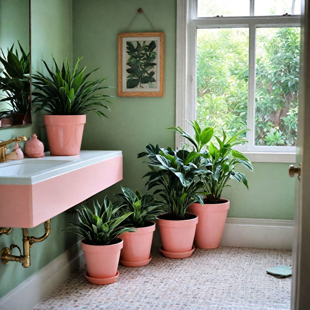 green plants with pink pots for bathroom