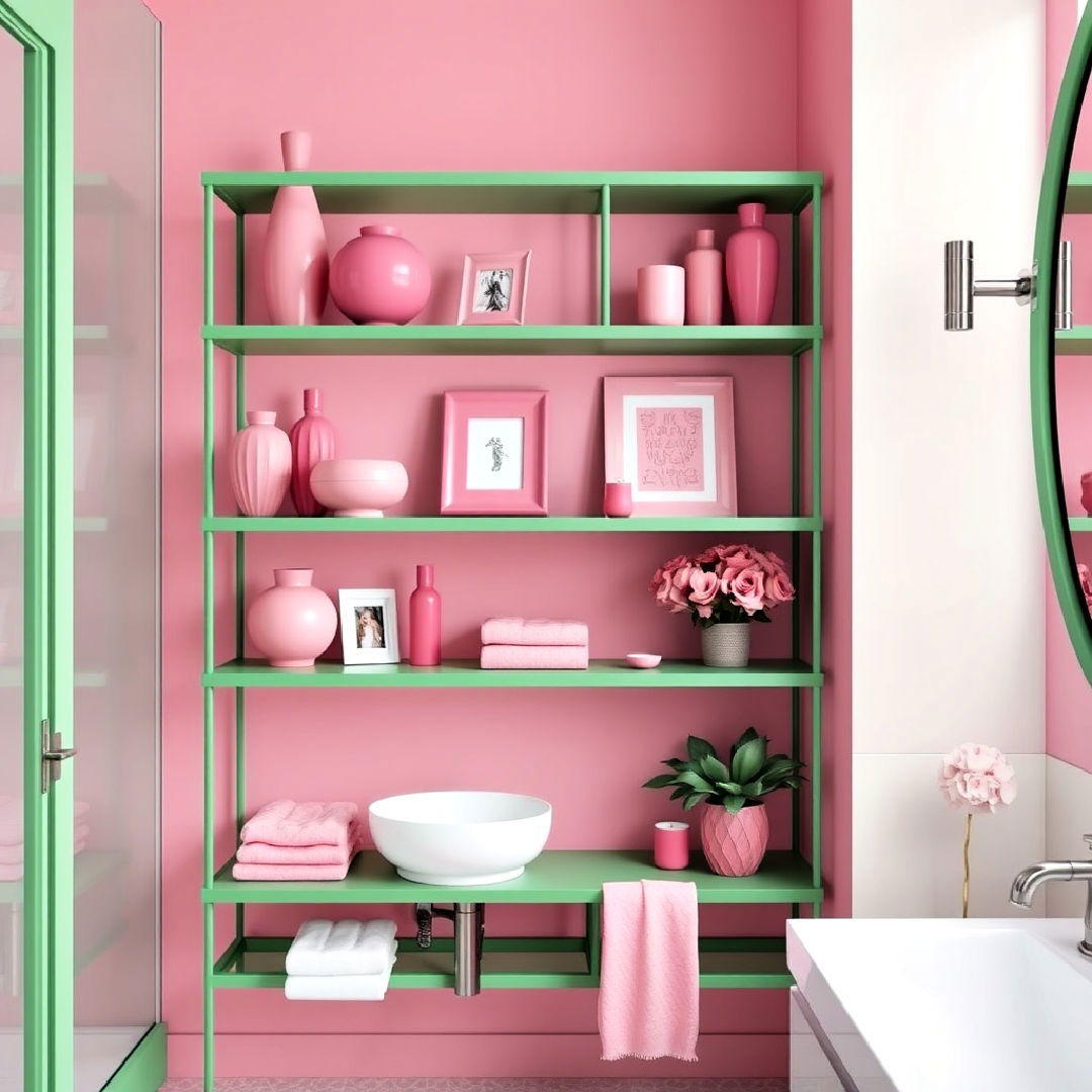 green shelving with pink decor