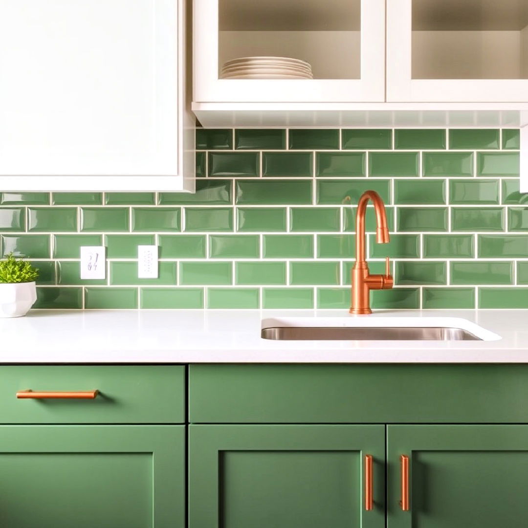 green subway tiles with sleek copper hardware