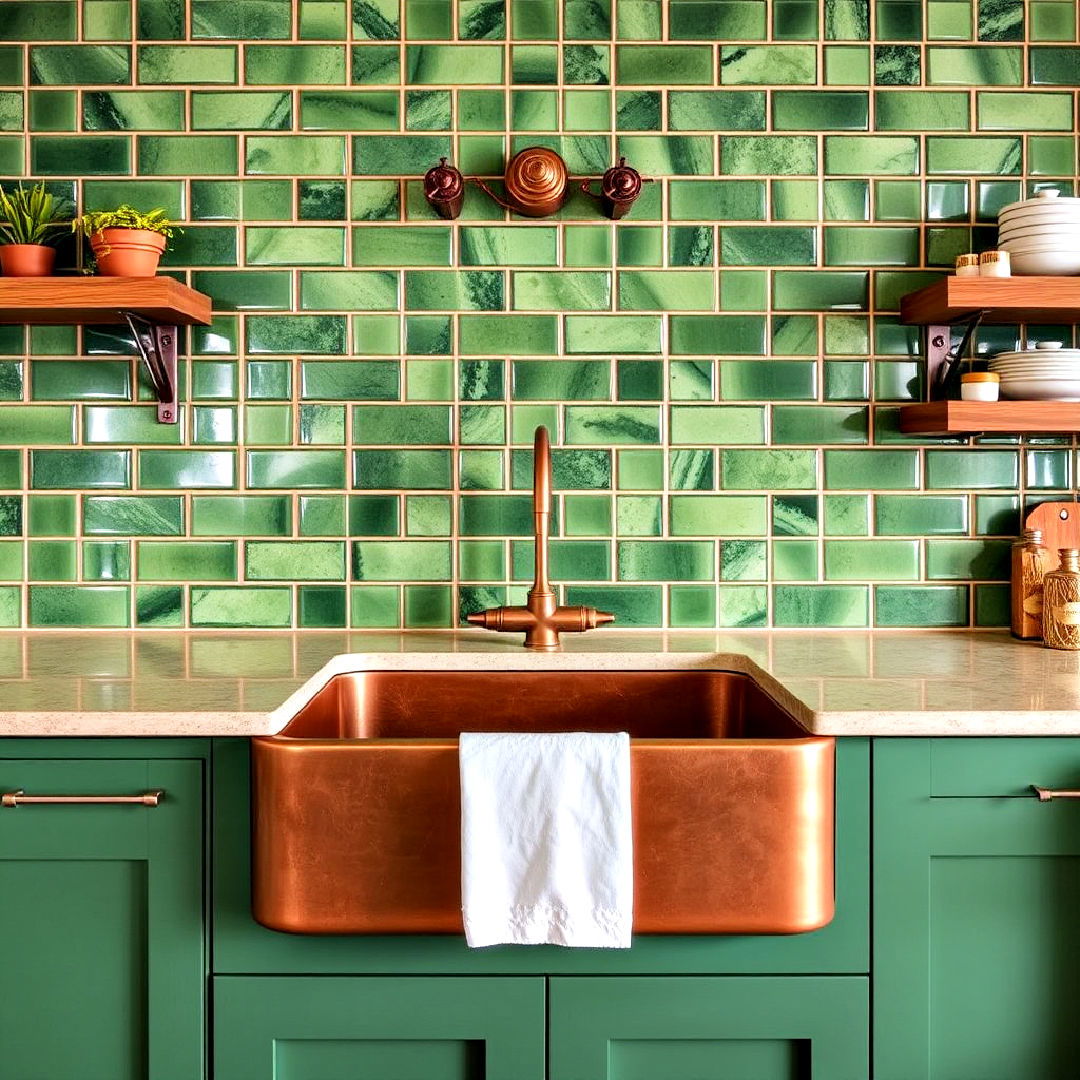 green tile backsplash with a copper farmhouse sink