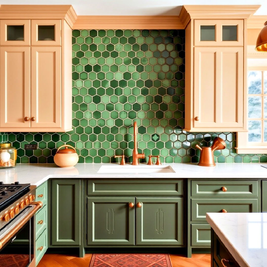 green tiling with elegant copper fixtures