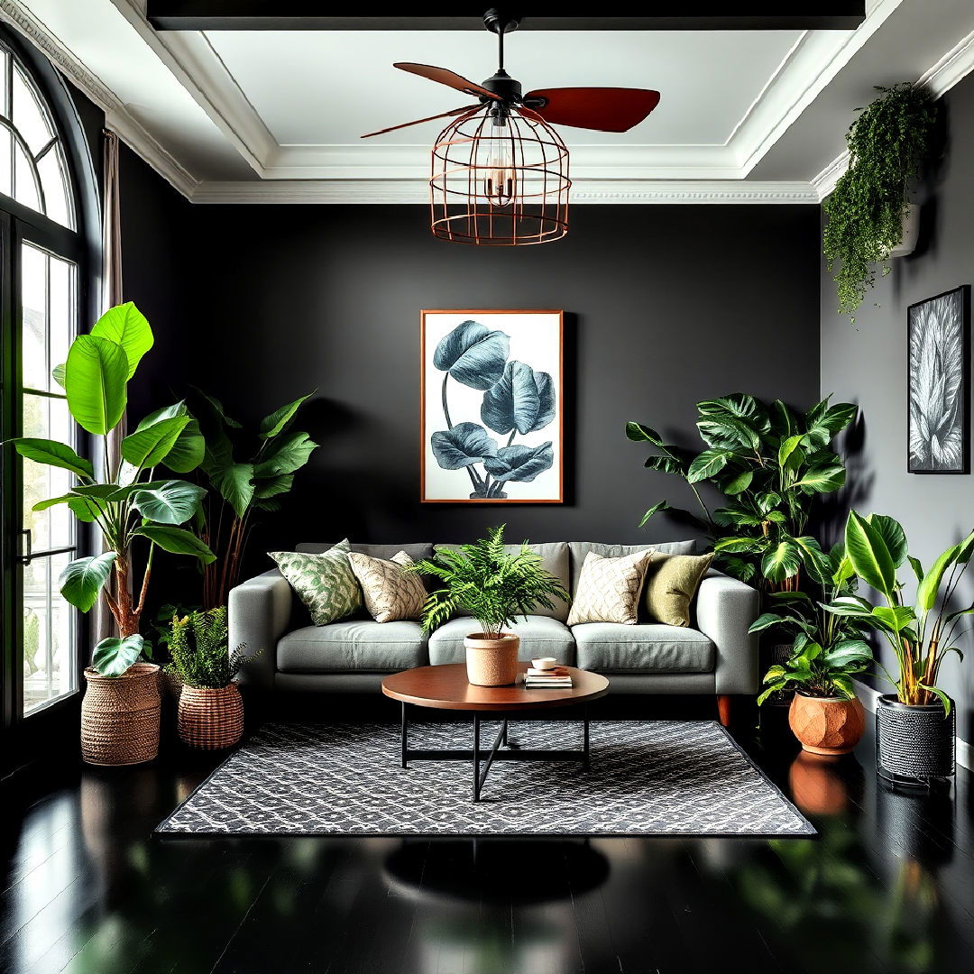 greenery with indoor plants to brighten black floor