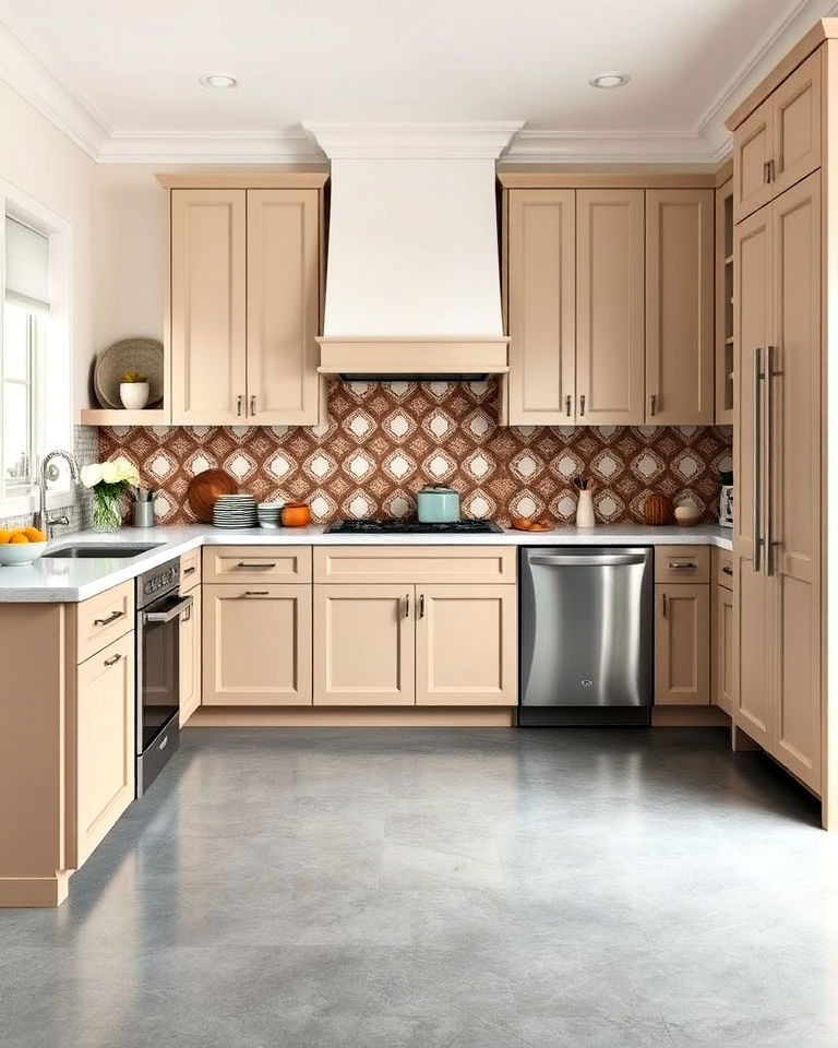 grey floor kitchen with bold backsplash