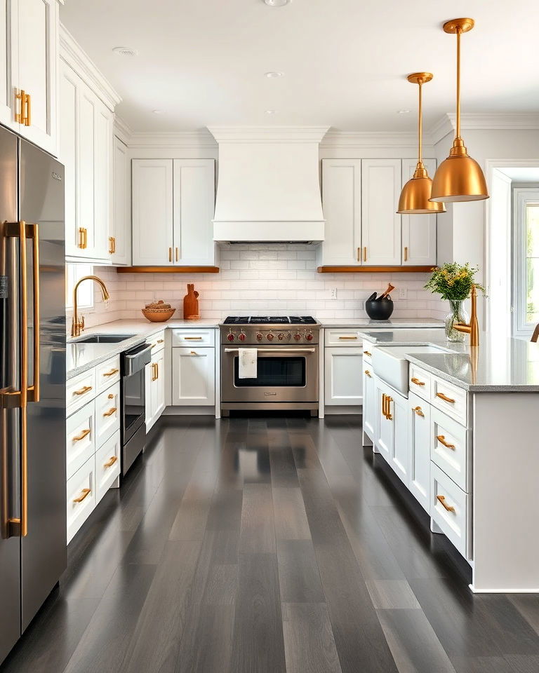 grey floor kitchen with brass accents