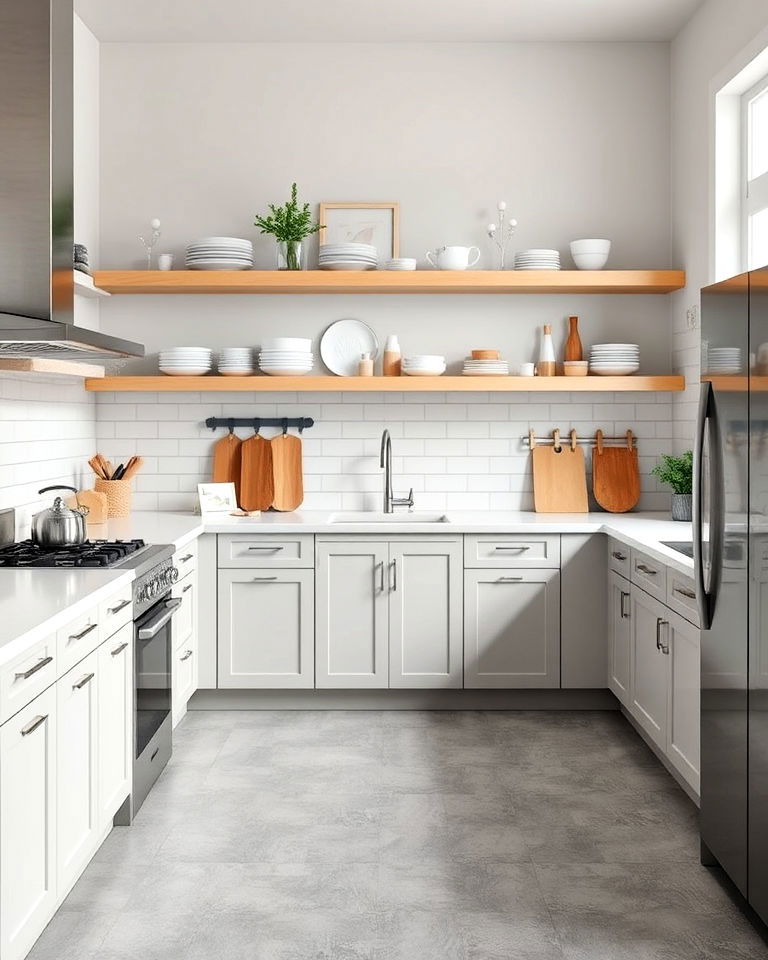 grey floor with open shelving for kitchen