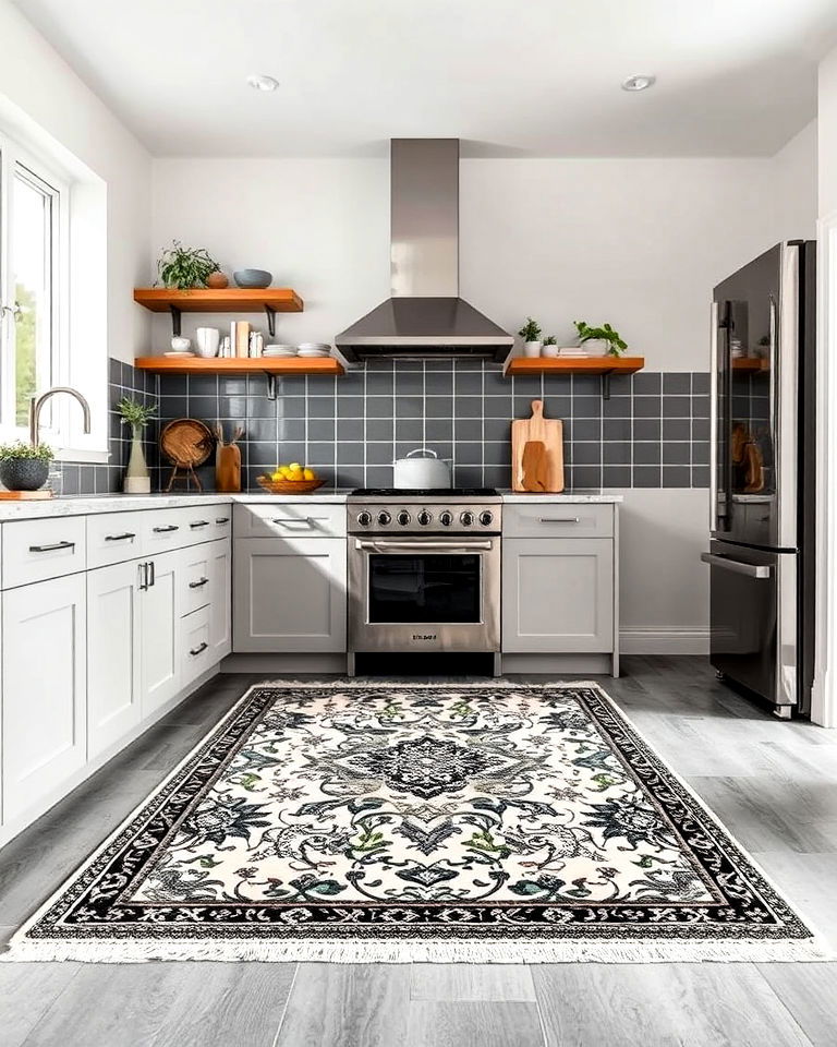 grey floor with patterned rug design