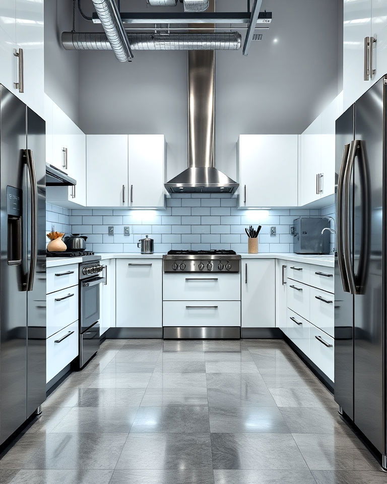 grey floor with stainless steel appliances