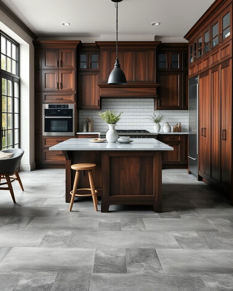 grey kitchen flooring with dark wood accent