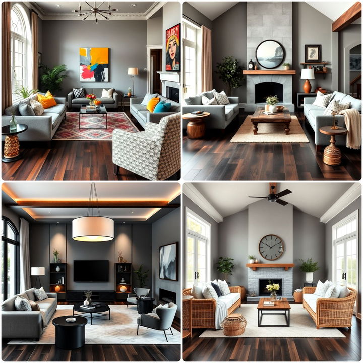 grey living room with dark wood floors