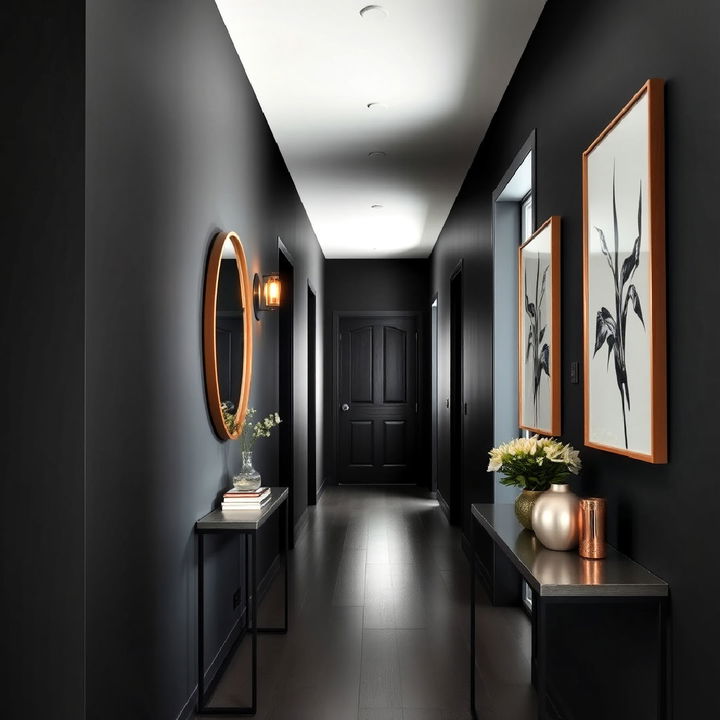 hallway with beautiful black and brass accents