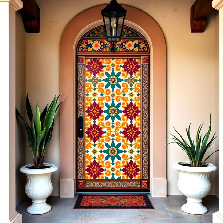 hand painted entryway door with colorful spanish patterns