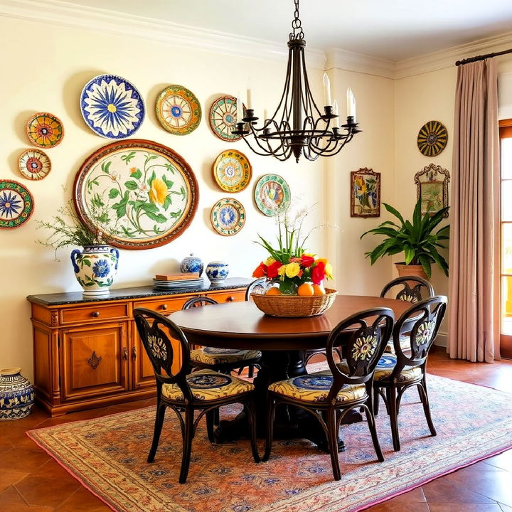 hand painted pottery display for a spanish dining room