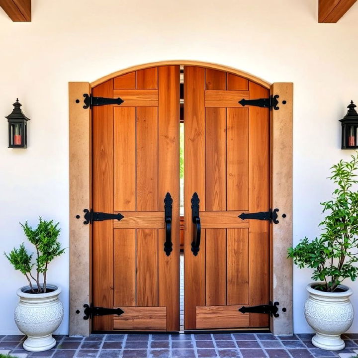 handcrafted wooden courtyard doors with iron accents