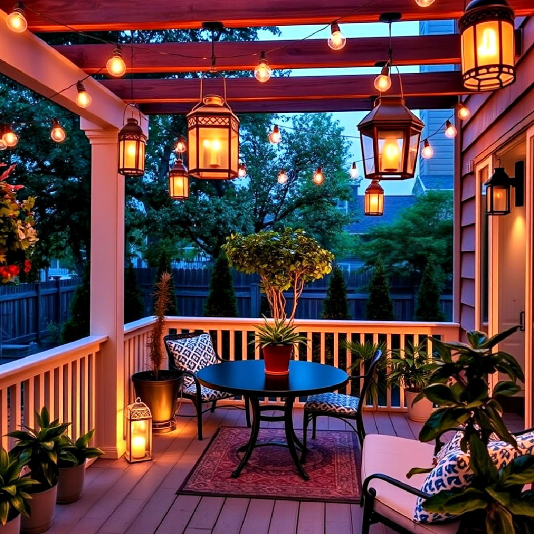 hang lanterns in townhouse patio for a soft glow