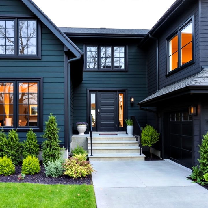 harmonizing bold color house with black window frames